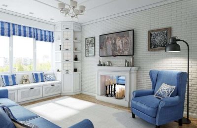 Вариант оформления бело-голубой гостиной во французском стиле